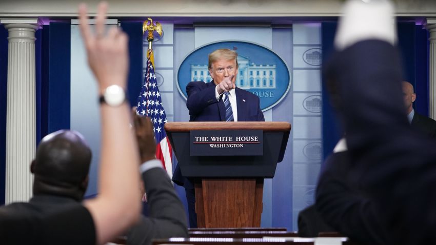 US President Donald Trump takes questions  from reporters during the daily briefing on the novel coronavirus, COVID-19, in the Brady Briefing Room of the White House in Washington, DC on April 21, 2020. (Photo by MANDEL NGAN / AFP) (Photo by MANDEL NGAN/AFP via Getty Images)