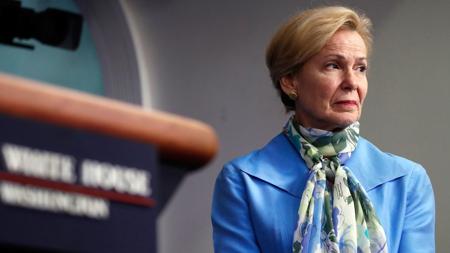 Dr. Deborah Birx, White House coronavirus response coordinator, listens during a briefing about the coronavirus in the James Brady Press Briefing Room of the White House, Tuesday, April 21, 2020, in Washington. (AP Photo/Alex Brandon)