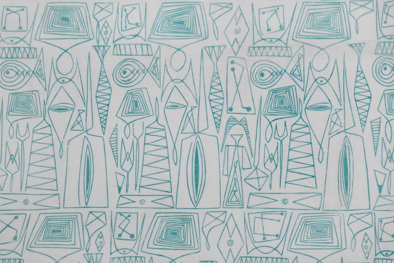 Adler Schnee's textile "Wireworks," 1950, for which she used ink on white dreamspun batiste.