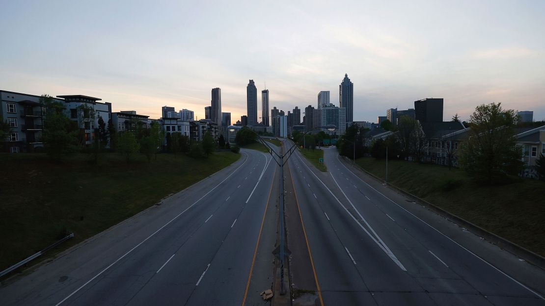 A view of an empty John Lewis Freedom Parkway into downtown Atlanta on April 4, 2020. A statewide shelter-in-place order for all residents went into effect on April 3. 