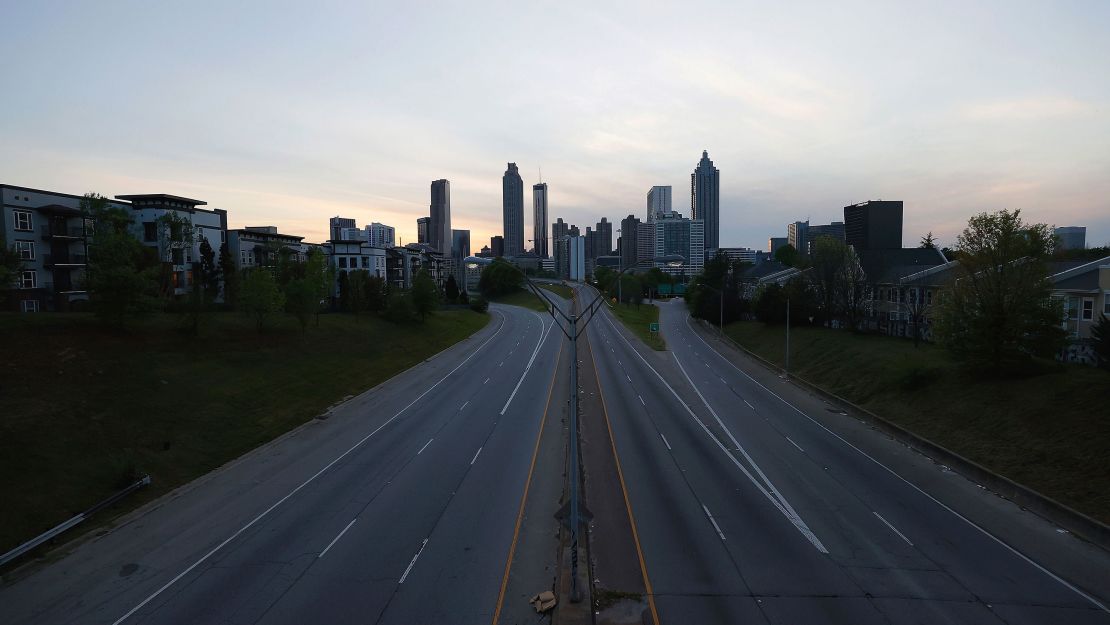 A view of an empty John Lewis Freedom Parkway into downtown Atlanta on April 4, 2020. A statewide shelter-in-place order for all residents went into effect on April 3.