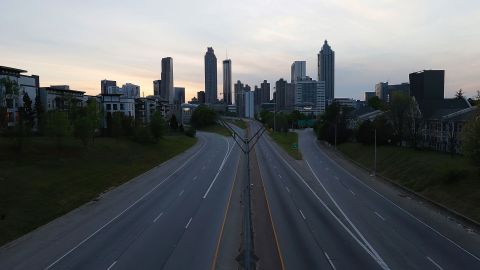 A view of an empty John Lewis Freedom Parkway into downtown Atlanta from Jackson Street Bridge on April 4, 2020 in Atlanta, Georgia.
