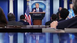 US President Donald Trump gestures as he speaks during the daily briefing on the novel coronavirus, which causes COVID-19, in the Brady Briefing Room of the White House in Washington, DC on April 21, 2020. (Photo by MANDEL NGAN / AFP) (Photo by MANDEL NGAN/AFP via Getty Images)