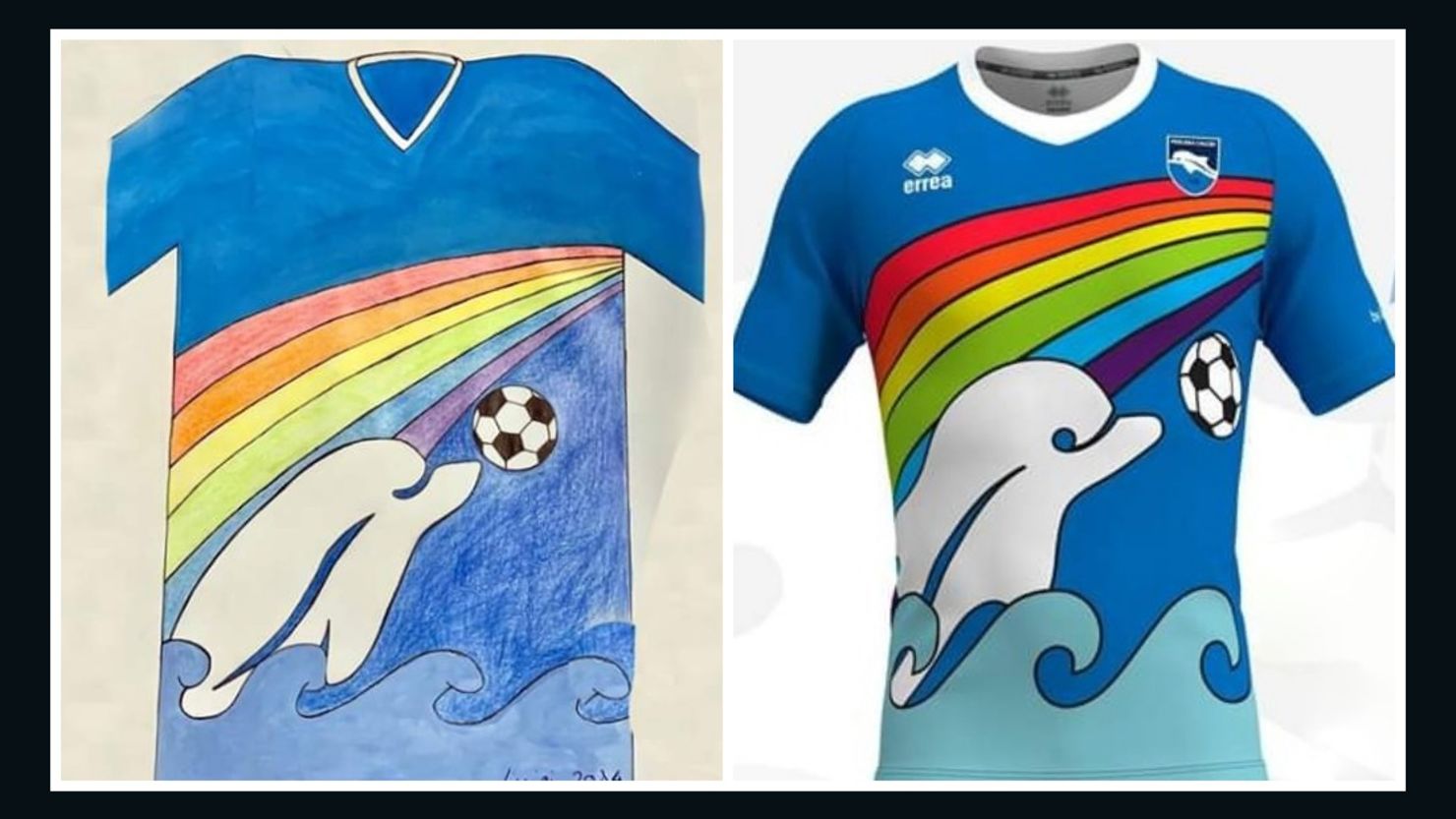 Luigi D'Agostino's winning design depicts a dolphin in the sea, Pescara's club symbol.
