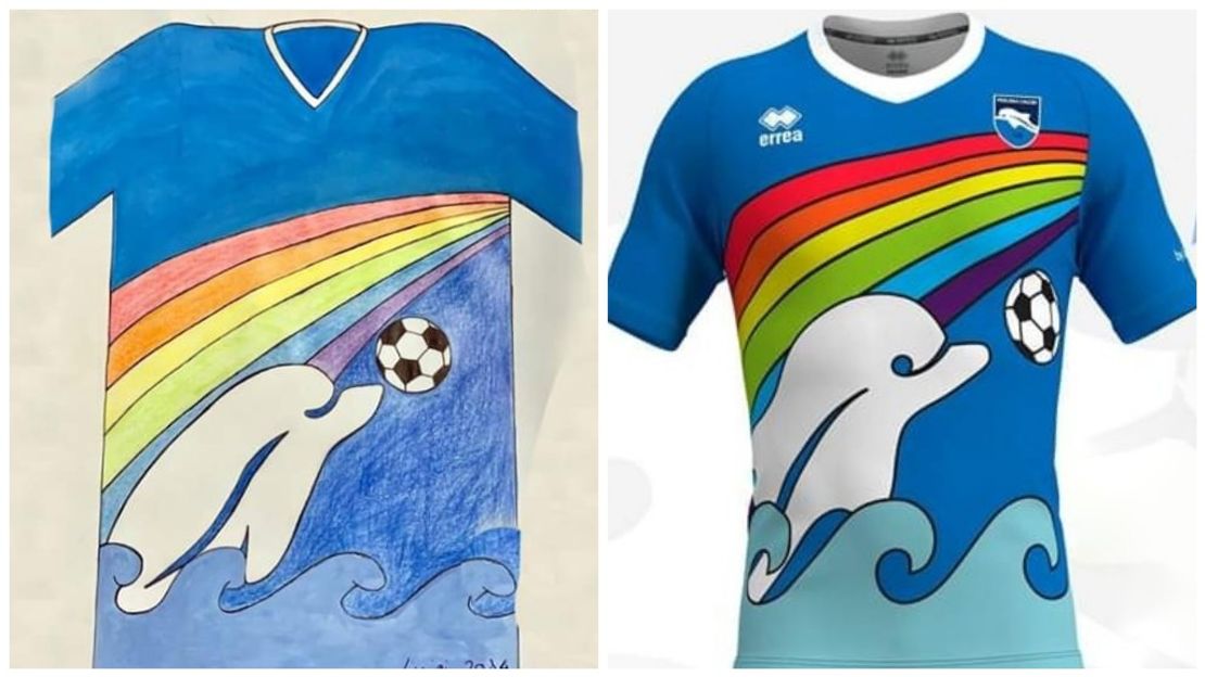 Luigi D'Agostino's winning design depicts a dolphin, Pescara's club symbol, playing in the sea with a soccer ball.