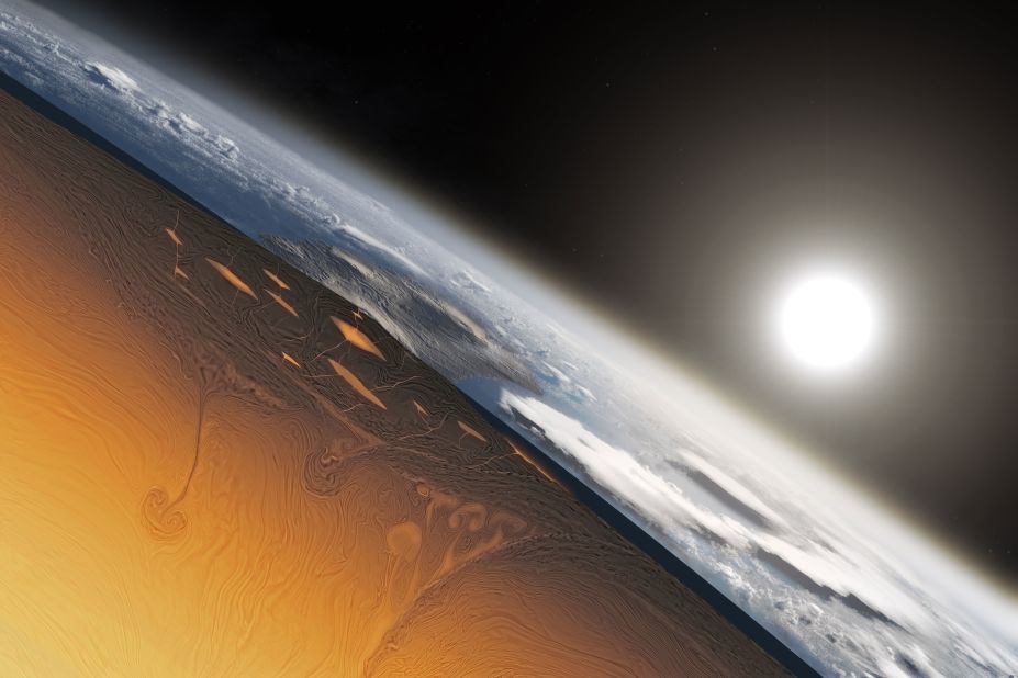 This is an artist's illustration showing a cross-section of Earth's forming crust approximately 3 to 4 billion years ago. 