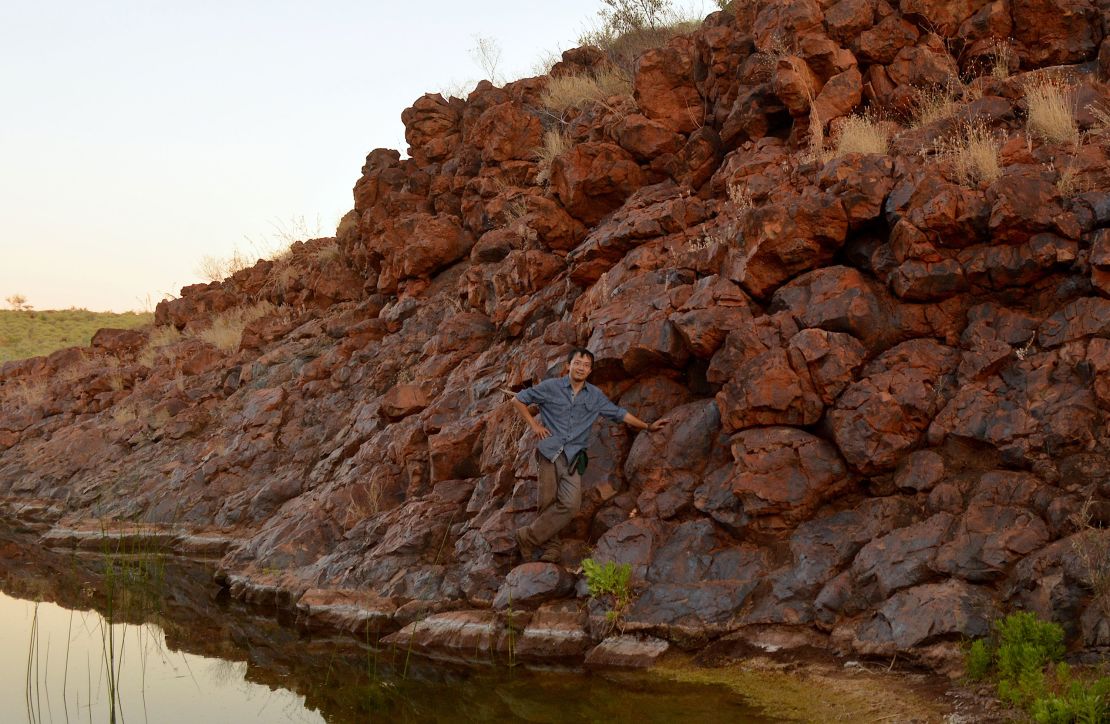 Roger Fu stands on a rocky outcrop of the Honeyeater Basalt in Western Australia's Pilbara Craton. These are exposed ancient lava rocks that were part of Earth's active crust that was moving 3.2 billion years ago.