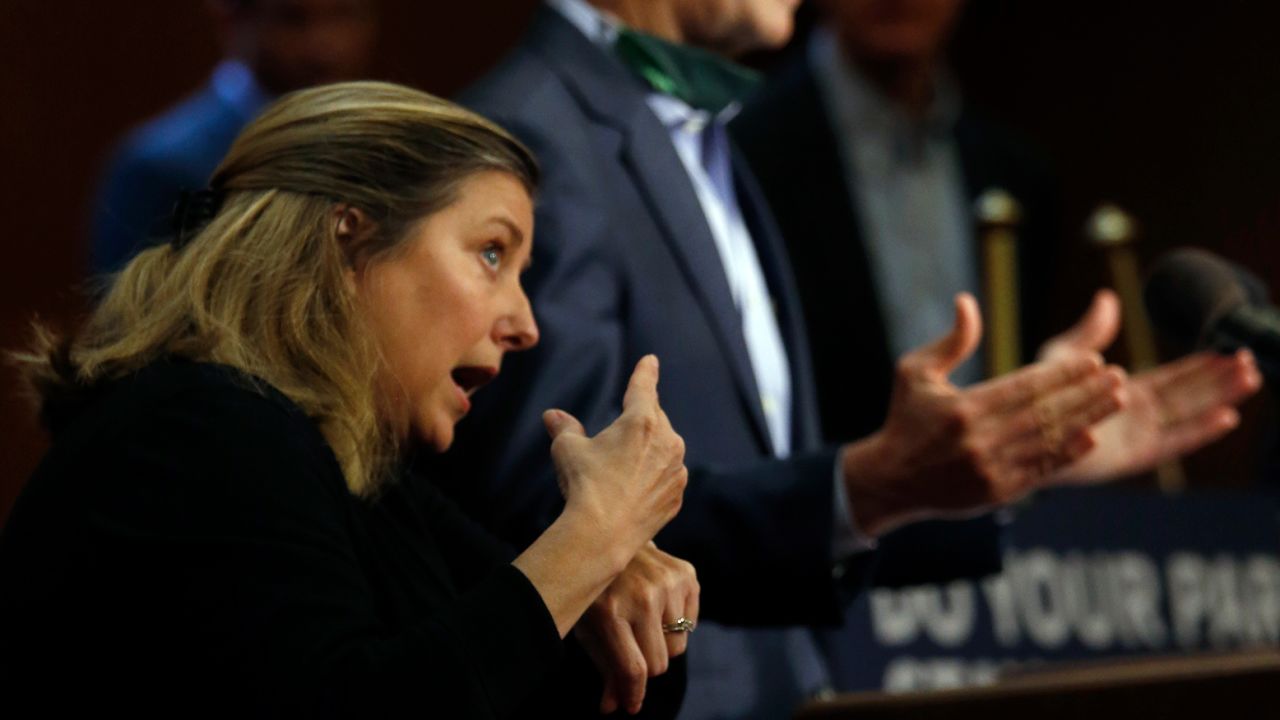 Interpreter Liz Leitch, left, signs as Virginia Governor Ralph Northam gestures while answering a question during his press briefing on Monday, April 20, 2020.