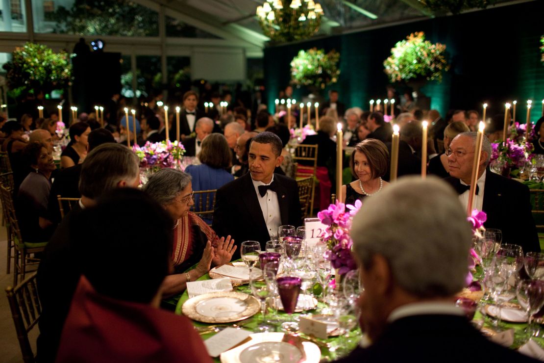 Mrs. Gursharan Kaur, the wife of Prime Minister Manmohan Singh, talks during the State Dinner hosted by President Barack Obama and first lady Michelle Obama.