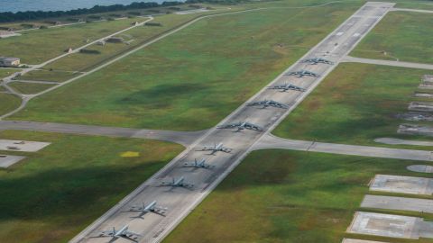 US military aircraft perform an "elephant walk," a large show of their numbers, at Andersen Air Force Base on Guam in April.
