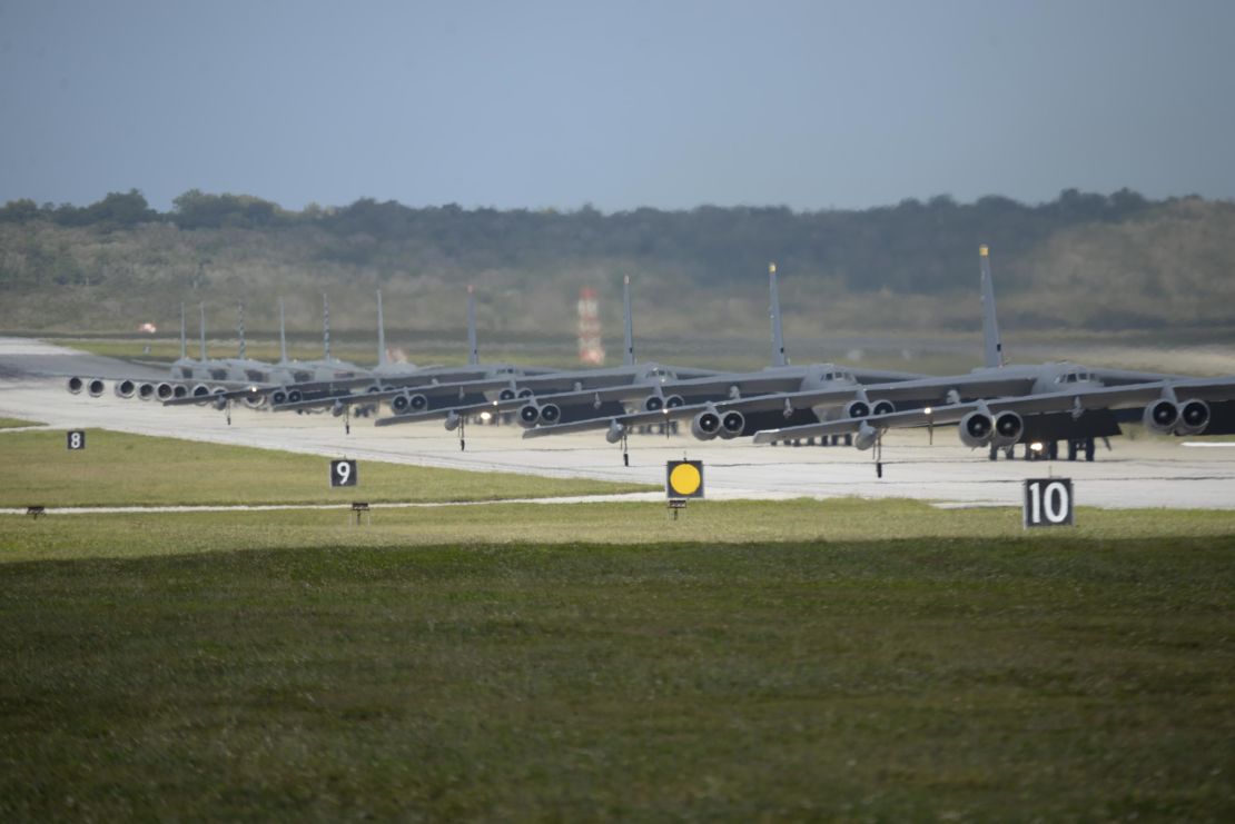 US military drones, helicopters, bombers and tankers stationed at Andersen Air Force Base, Guam, perform an "Elephant Walk" April 13, 2020. 