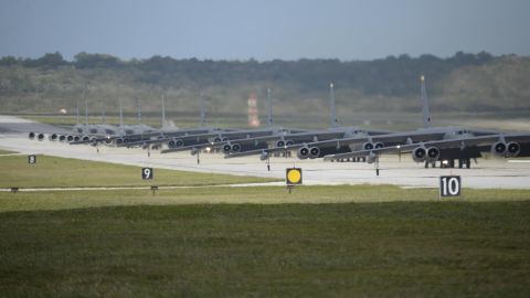 US military drones, helicopters, bombers and tankers stationed at Andersen Air Force Base, Guam, perform an "Elephant Walk" April 13, 2020.