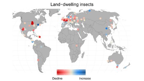 The colored dots represent the location and strength of decline or increase of insect population in the 166 data sets used in the study. Credit Van Klink et al, Science [2020]