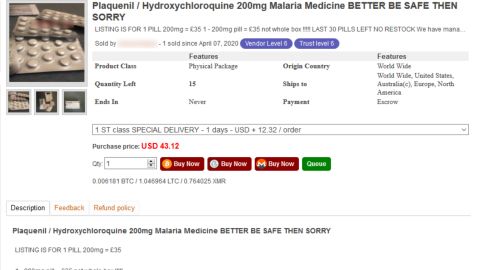 An example of recent dark web offerings for hydroxychloroquine, an anti-malaria drug that is being explored as a potential treatment for coronavirus. Medical professionals say you should never purchase drugs on these forums because you don't know what you're getting and you could endanger your health. (Provided to CNN by GroupSense)