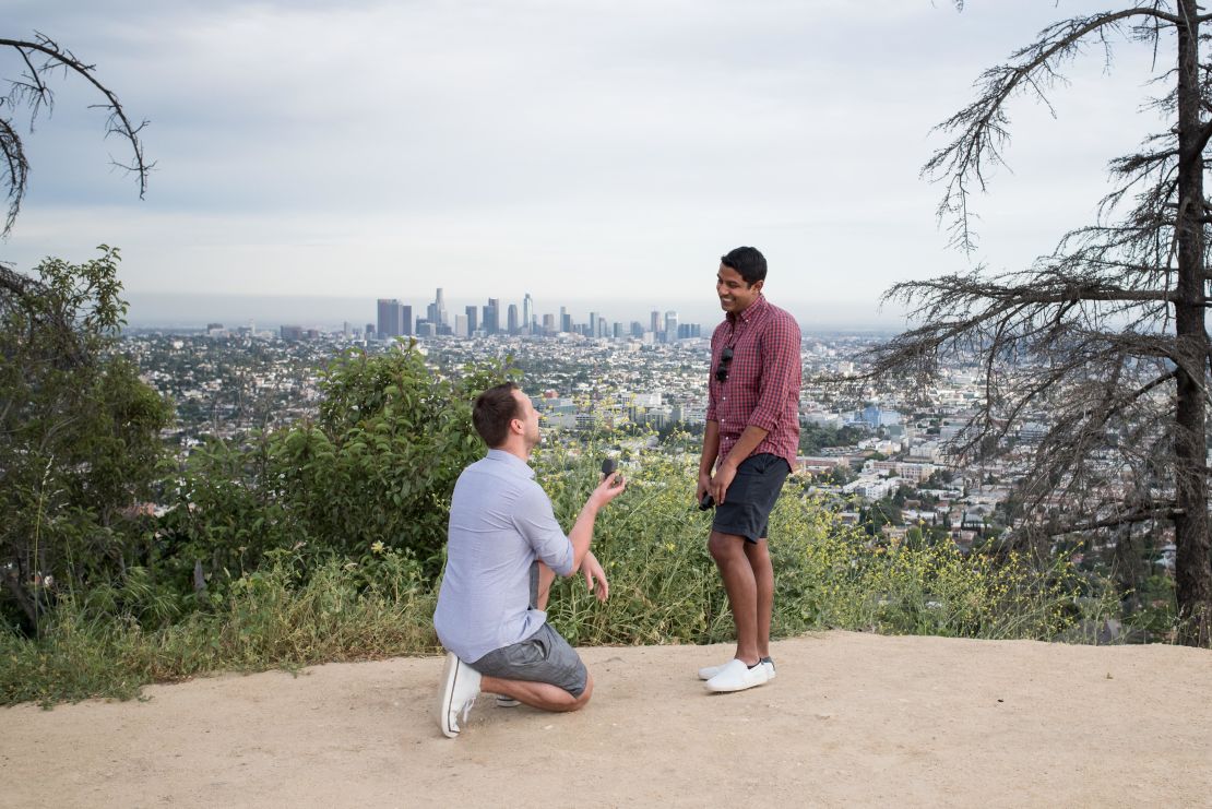 The engagement in Los Angeles on April 11, 2019 -- exactly a year before the wedding date. 