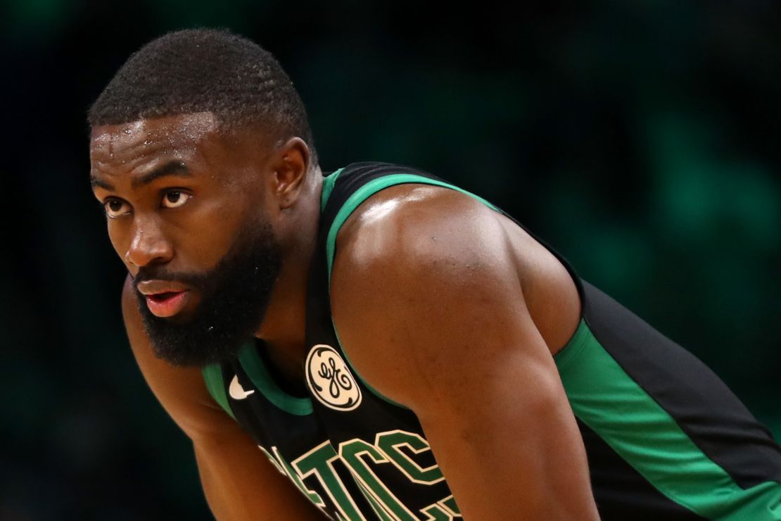 Jaylen Brown of the Boston Celtics looks on during the second half of the game against the Houston Rockets at TD Garden on February 29 in Boston.