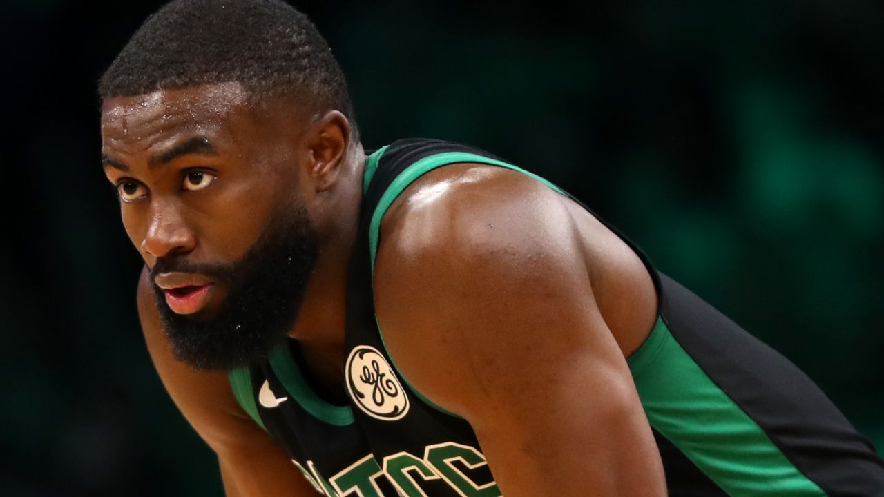 Jaylen Brown of the Boston Celtics looks on during the second half of the game against the Houston Rockets at TD Garden on February 29 in Boston.
