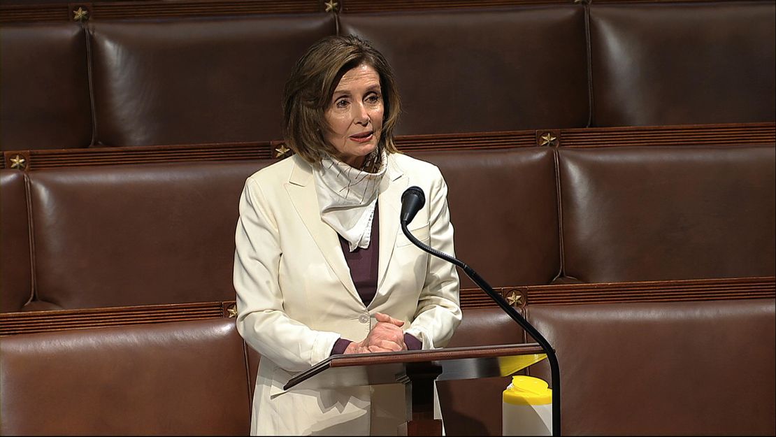 In this image from video, House Speaker Nancy Pelosi of California, speaks Thursday morning on the floor of the House of Representatives at the US Capitol in Washington. 