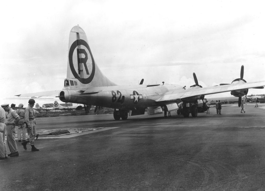 <strong>Enola Gay: </strong>The B-29 bomber Enola Gay as it is maneuvered over the bomb pit on North Field, Tinian, to load the atomic bomb in August 1945. 