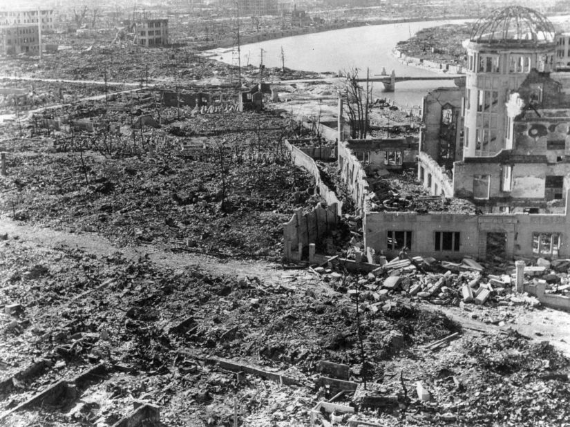<strong>Ground zero:</strong> Devastation at Hiroshima after the atomic bomb was dropped. The building on the right was preserved and today known as the Hiroshima Peace Memorial. 