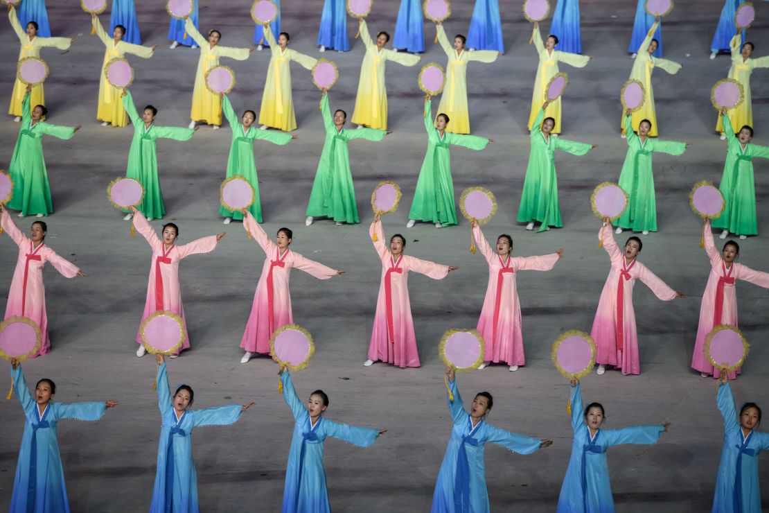 Participants perform in a Mass Games artistic and gymnastic display at the May Day Stadium in Pyongyang.