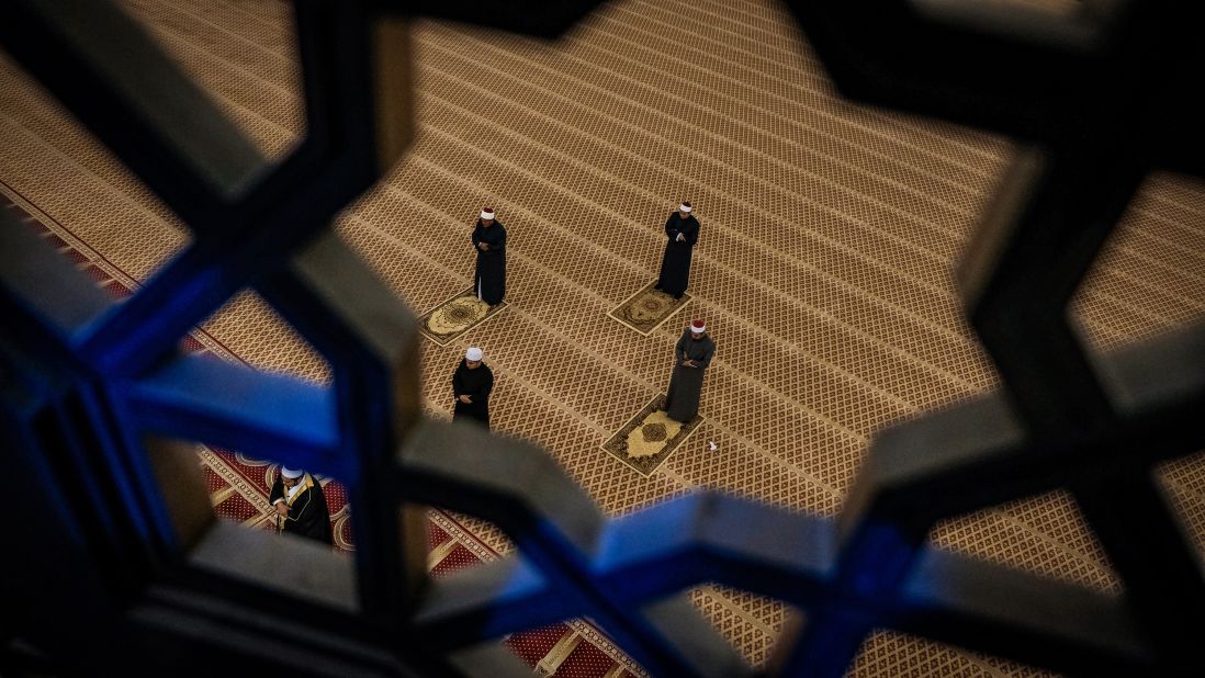 Official members of the National Mosque perform the first "tarawih" prayer in Kuala Lumpur, Malaysia.