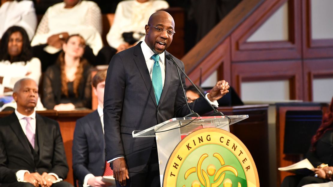 Raphael G. Warnock, Senior Pastor of Ebenezer Baptist Church, speaks during a Martin Luther King, Jr. commemorative service at Ebenezer Baptist Church on January 20, 2020 in Atlanta.