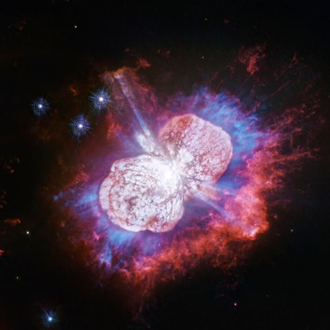 This ultraviolet light observation of the giant Eta Carinae star was taken by Hubble in 2019. The star is the larger out of two that orbit each other. It's known to have violent outbursts, as evidenced by the bubbles here.