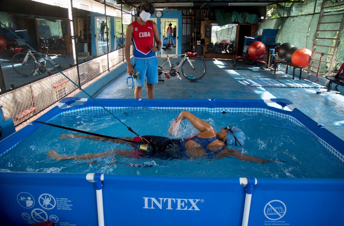 Triathlete Leslie Amat trains at her home in Havana, Cuba, on Monday, April 20.