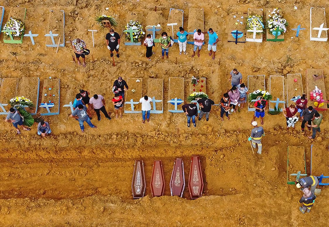 This aerial photo shows bodies being buried in Manaus, Brazil, on Wednesday, April 22. The mass grave included confirmed victims of the coronavirus pandemic.