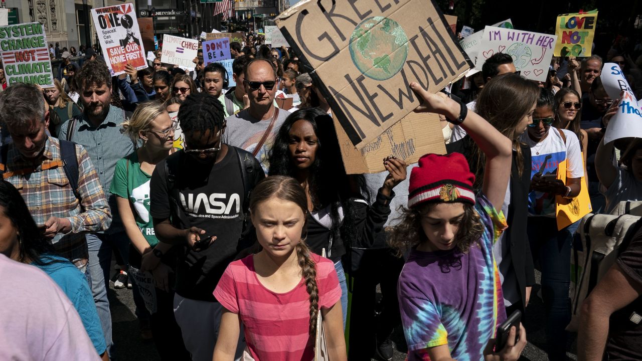 Greta Thunberg, center, leads young activists and supporters in New York as they demand action on the climate crisis.