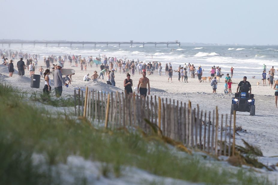 A beach is <a href="https://www.cnn.com/2020/04/17/us/jacksonville-florida-beach-reopen/index.html" target="_blank">crowded with visitors</a> in Jacksonville, Florida, after the city reopened its beaches on April 17.