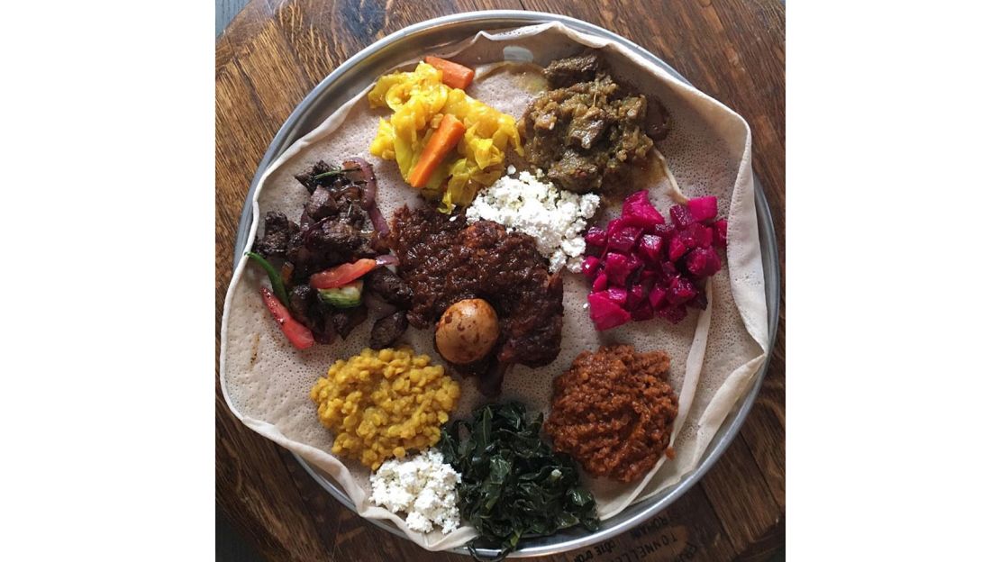 A platter of food at Hibist Legesse's New York restaurant, Bati Ethiopian Kitchen. The coronavirus pandemic has forced the restaurant's dining room to close, and Legesse is scrambling to get grants or loans to keep the business afloat.