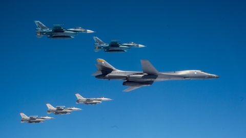 A US Air Force B-1  from Ellsworth Air Force Base, South Dakota, and US F-16 fighters from Misawa Air Base, Japan, conduct a bilateral joint training with Japan Air Self-Defense Force F-2s off the coast of northern Japan on April 22, 2020.