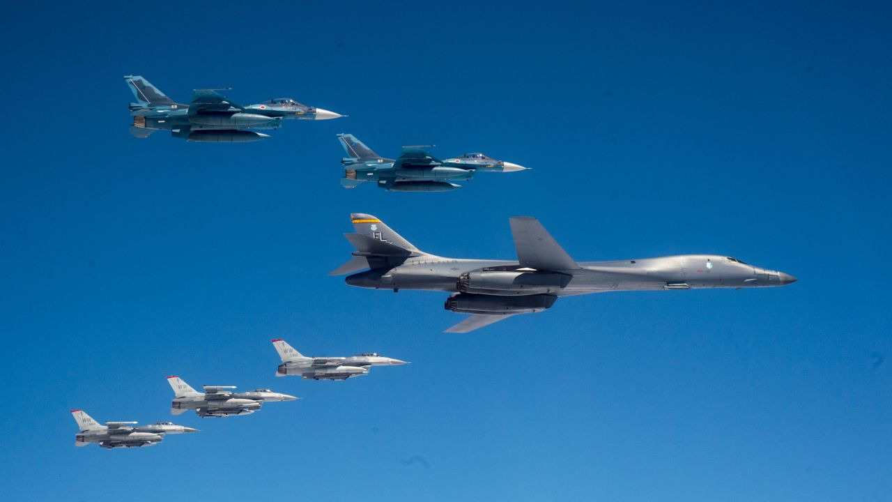 A US Air Force B-1 Lancer and US F-16 fighters from Misawa Air Base, Japan, conducted bilateral joint training with Japan Air Self-Defense Force F-2s off the coast of northern Japan, April 22, 2020. 