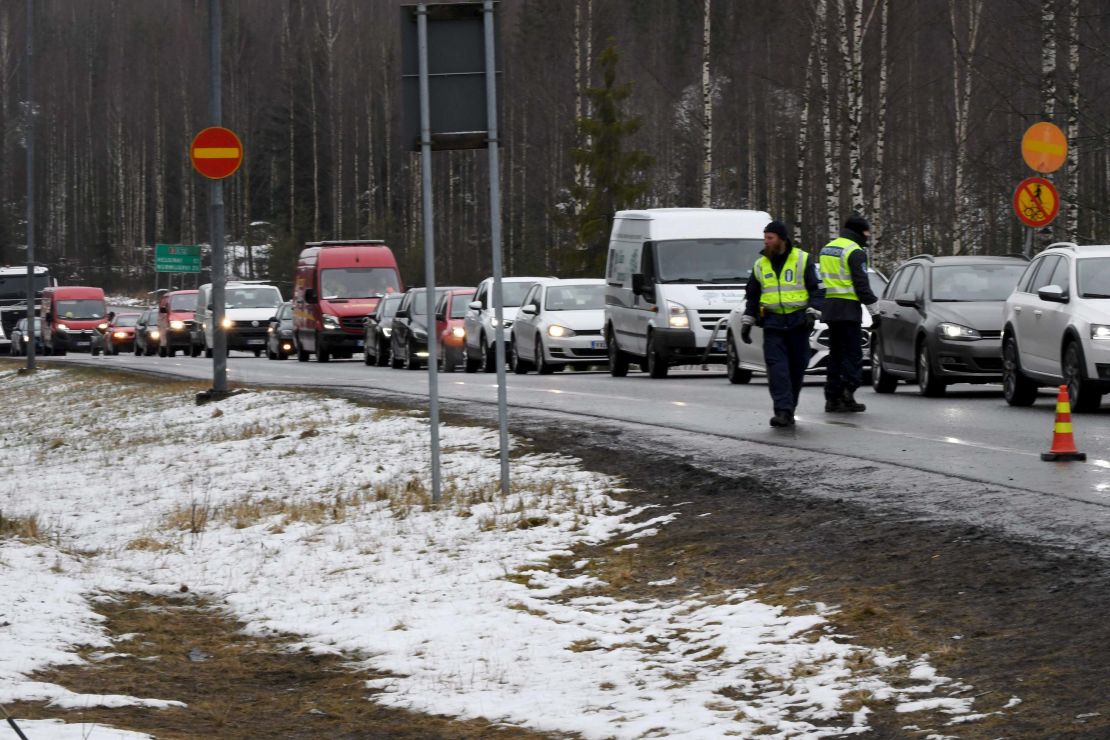 Cars at a traffic control post in Hyvinkaa, Finland, on April 15, during the lockdown of Uusimaa, the nation's most populous region.
