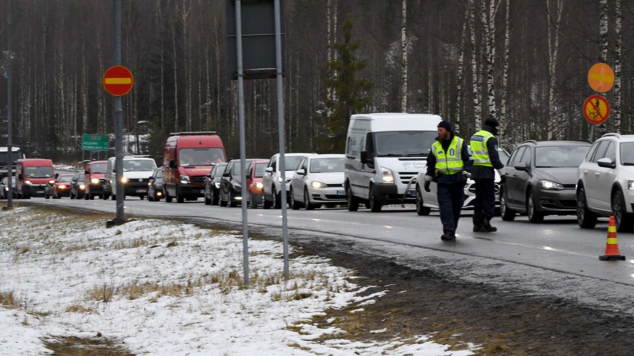 Cars at a traffic control post in Hyvinkaa, Finland, on April 15, during the lockdown of Uusimaa, the nation's most populous region.