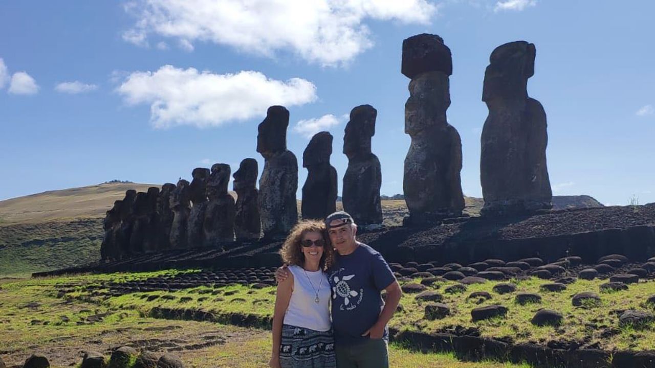 Passengers Yolanda and Carlos Payá, posing on Easter Island during an early port call.