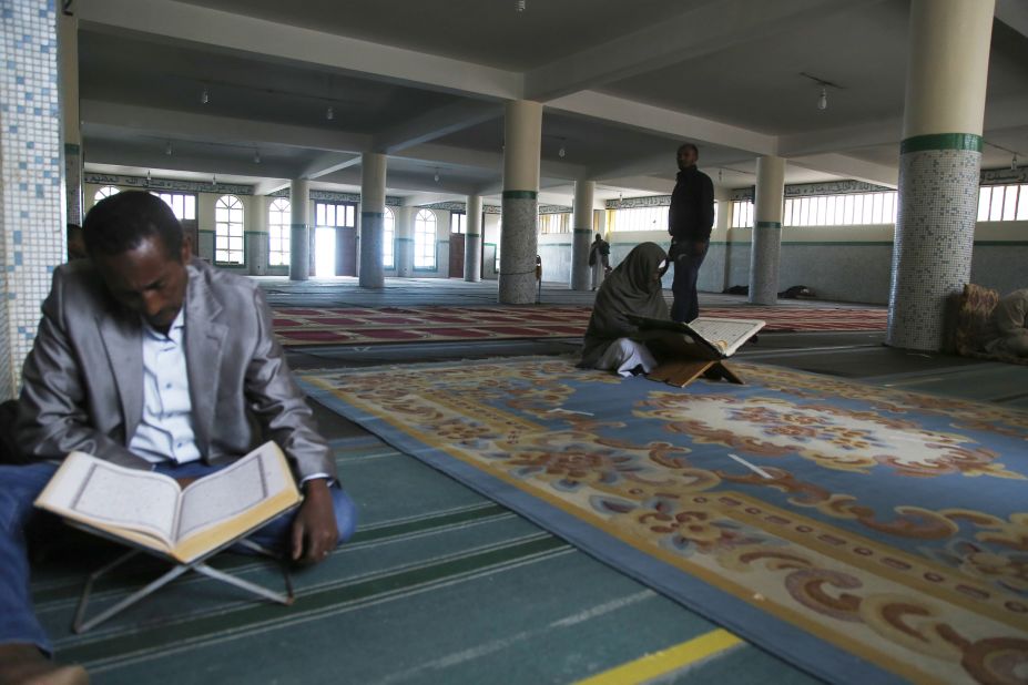 People attend the first Friday prayer at the Anwar Mosque in Addis Ababa, Ethiopia.