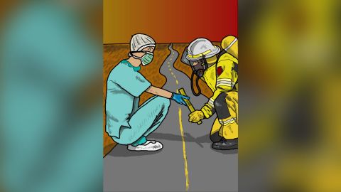 Mick Ashley's depiction of frontline workers passing the baton from one crisis to another has become a defining image of Australia in 2020.
