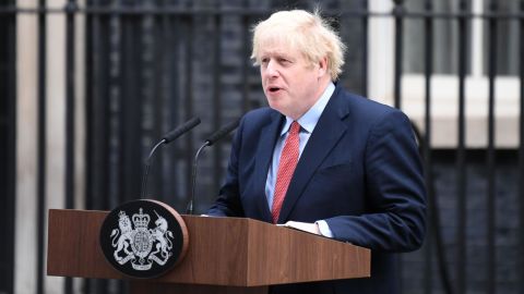 Boris Johnson gives a statement in Downing Street on April 27,  following more than three weeks off work after being hospitalized with Covid-19.
