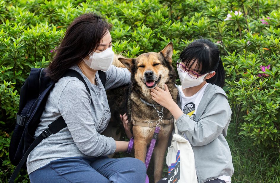 Amy Tran (left) and her daughter Serene Ho cuddle their newly adopted dog Pepper in a dog park at Kai Tak Runway Park in Hong Kong.