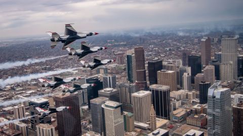 The US Air Force Air Demonstration Squadron "Thunderbirds" fly over Colorado to honor essential workers on April 18.