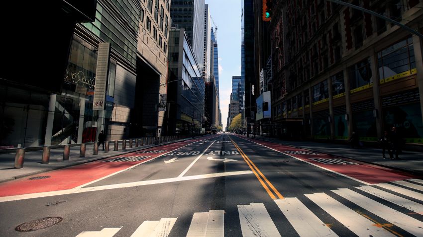NEW YORK, NEW YORK - APRIL 25: 42nd street is seen nearly empty during the coronavirus pandemic on April 25, 2020 in New York City. COVID-19 has spread to most countries around the world, claiming over 200,000 lives with infections close to 2.9 million people. (Photo by Justin Heiman/Getty Images)