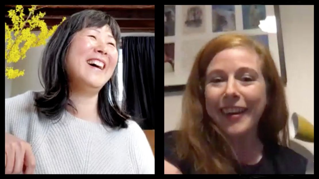 Susan Lee (left) and Maureen O'Hare (right) catch up by video call from their homes in upstate New York and North London. 