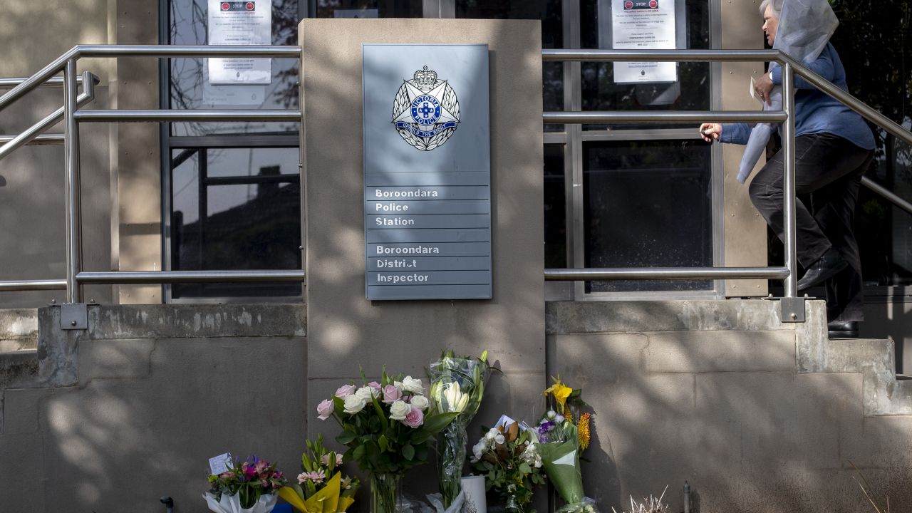 Flowers and tributes outside the Boroondara Police station in Melbourne, Australia, on April 23.