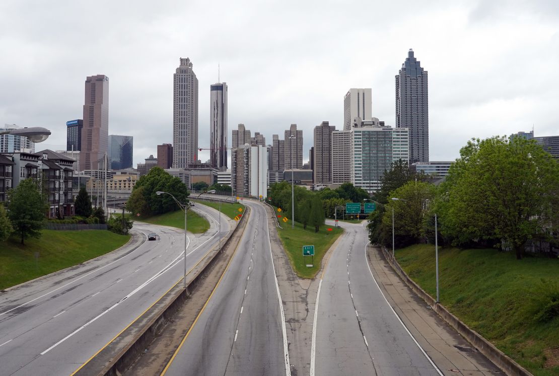 A lone car is seen on the highway leading to Atlanta, Georgia on April 23.