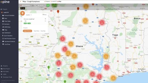Opine Health Assistant map showing the coronavirus reported cough symptoms in Ghana