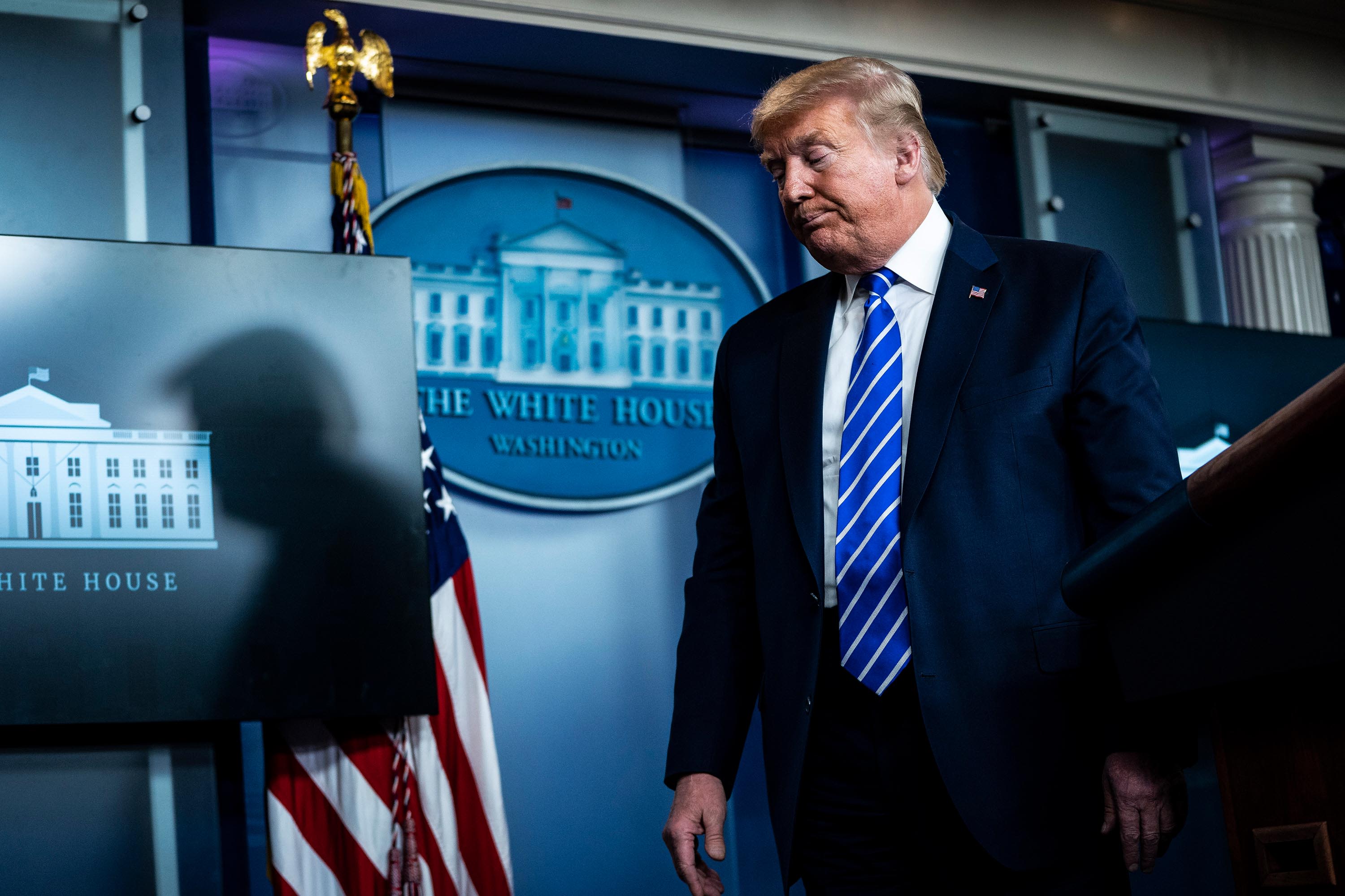 President Donald Trump leaves after the White House coronavirus briefing on April 23. During the briefing, Trump lashed out at reporters from CNN and The Washington Post who asked him questions, saying they were "fake news." It was also <a href="index.php?page=&url=https%3A%2F%2Fwww.cnn.com%2F2020%2F04%2F24%2Fpolitics%2Ffact-check-trump-disinfectant-sarcastic%2Findex.html" target="_blank">at this briefing</a> when Trump asked medical experts to look into the possibility of injecting disinfectant as a treatment for the coronavirus. He said later he was being sarcastic.