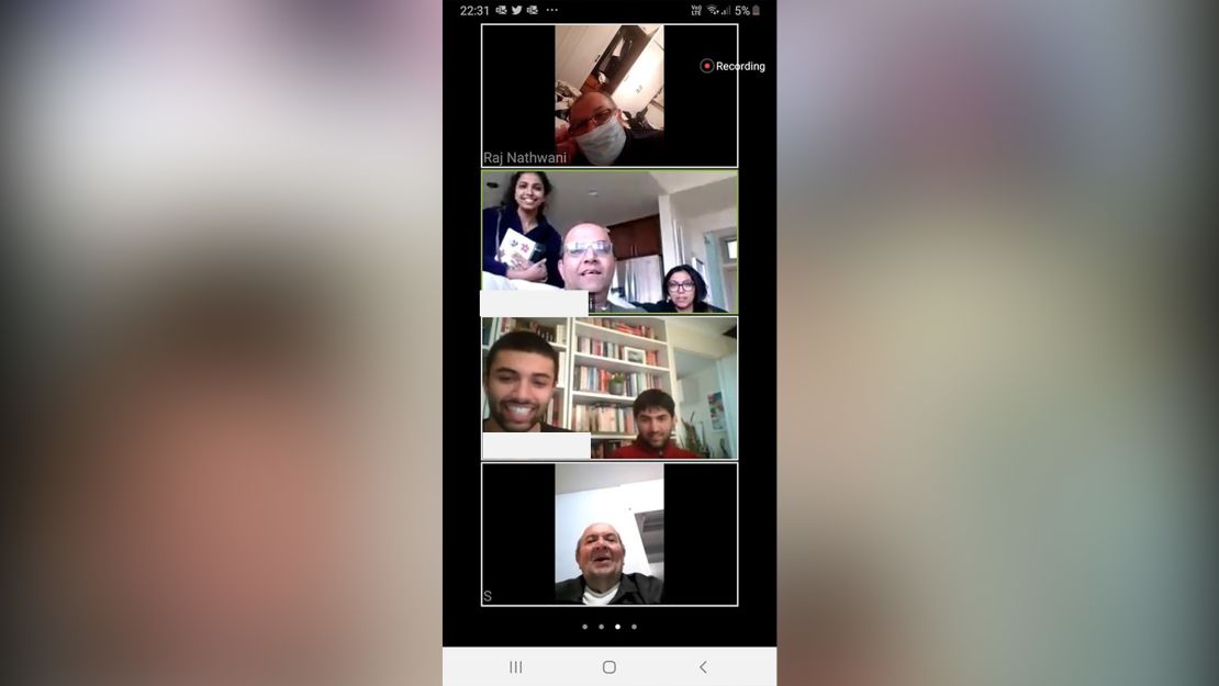 Image from a zoom call between Suri Nathwani (bottom) and his relatives in the US and the UK as he recovered from coronavirus.
